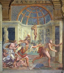 Venus, cuyo pie pinchado mancha los pétalos de una rosa de rojo, con Marte que persigue a Adonis con una espada desenvainada de la Sala di Amore e Psiche, 1528